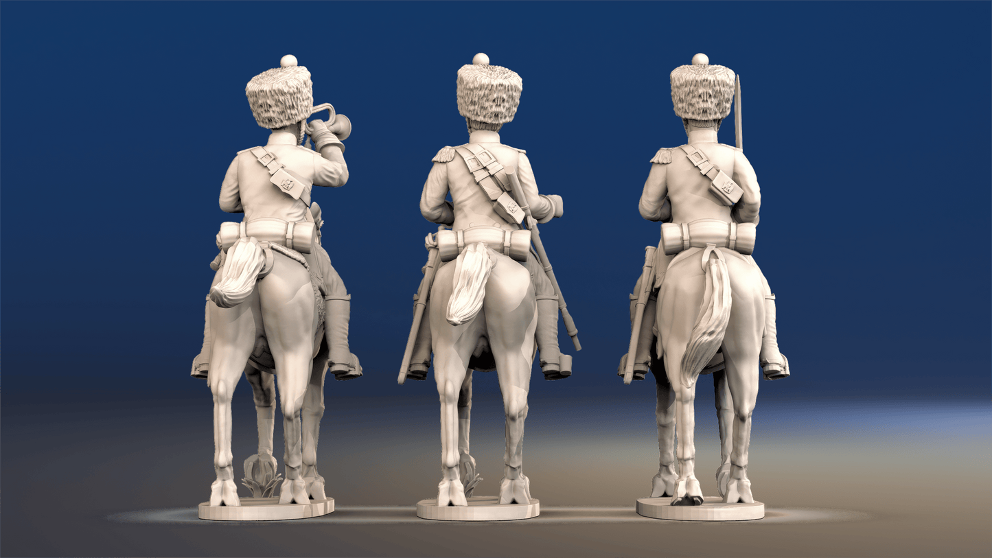 Napoleonic French Chasseurs à Cheval command campaign dress trotting rear view