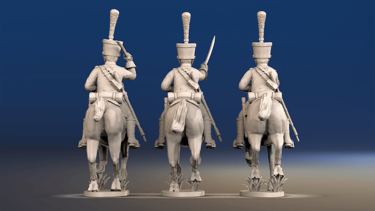 Napoleonic French Chasseurs à Cheval full dress galloping rear view