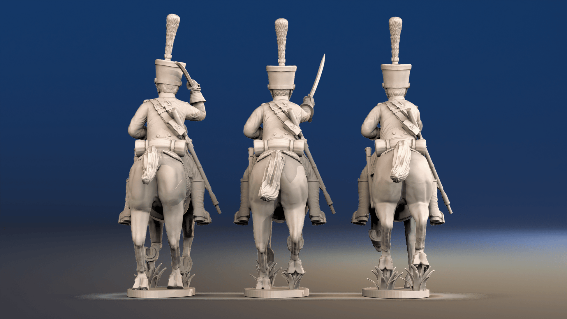 Napoleonic French Chasseurs à Cheval full dress galloping rear view