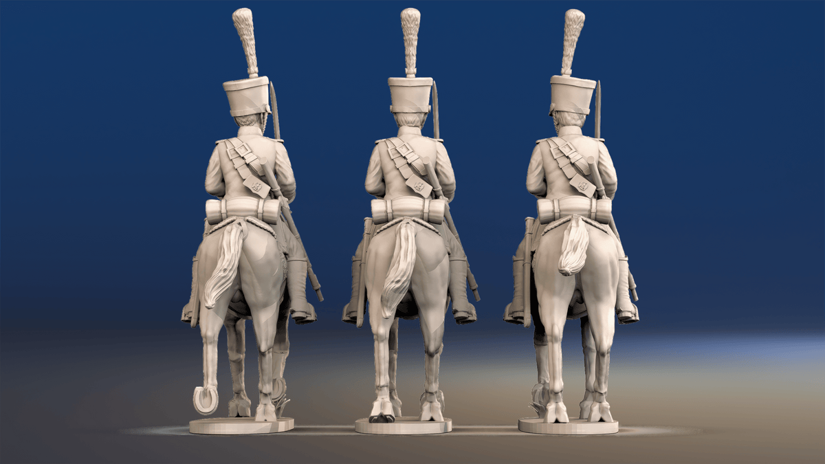 Napoleonic French Chasseurs à Cheval full dress trotting rear view