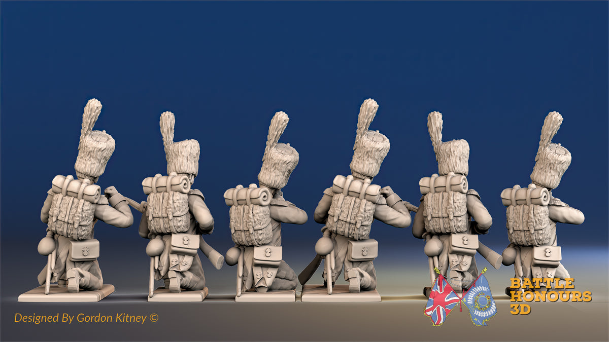 French elite foot dragoon loading and firing kneeling in bearskin, back view