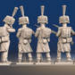 Napoleonic French elite Voltigeurs loading and firing in colpack and greatcoat rear view
