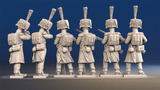 Napoleonic French elite Voltigeurs loading and firing in colpack and greatcoat rear view