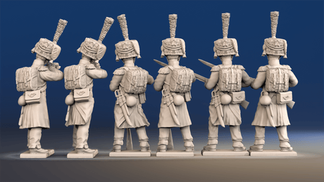Napoleonic French elite Voltigeurs loading and firing in colpack and greatcoat rear view