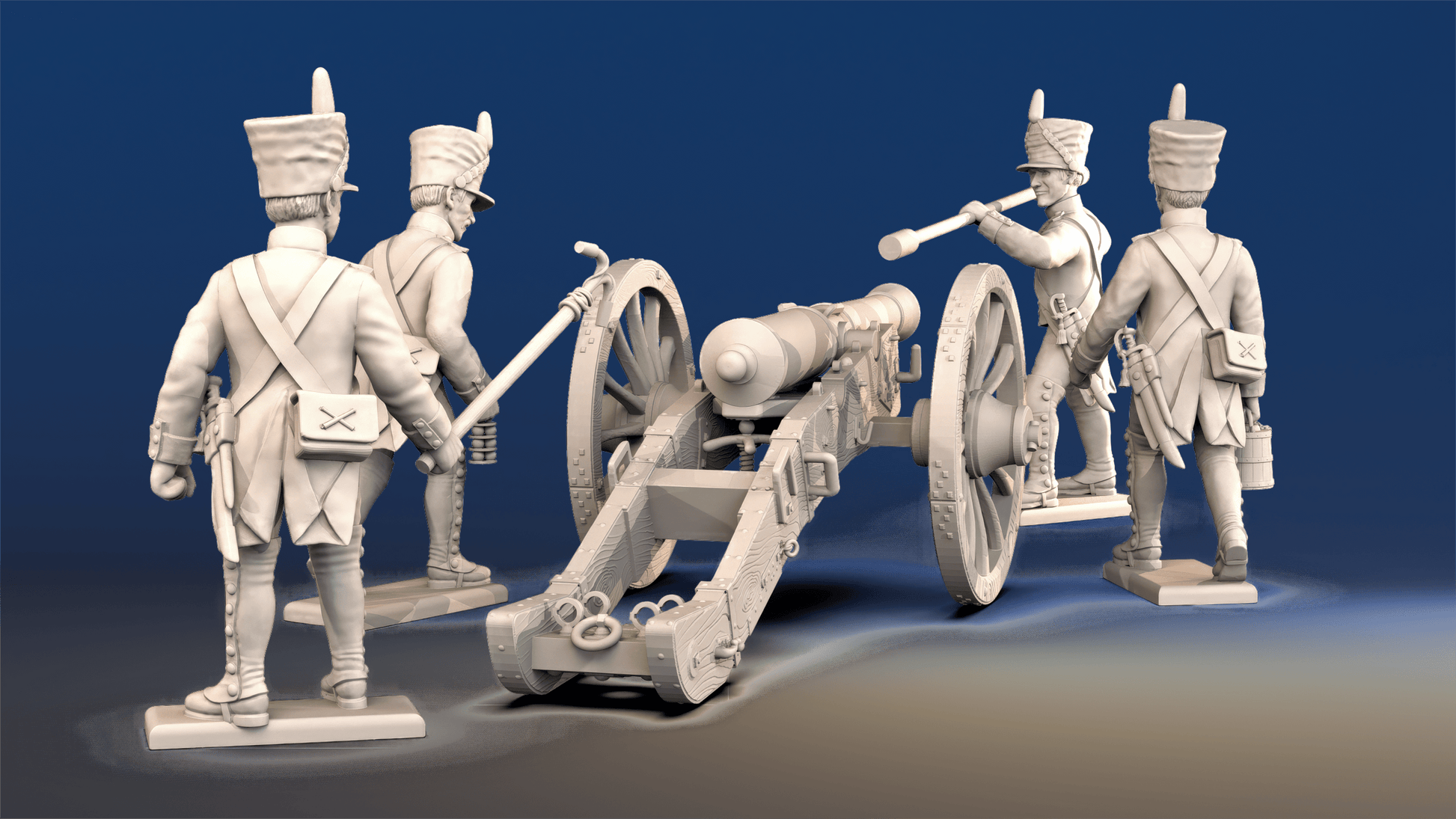 Napoleonic French Foot Artillery covered shako and gaiters loading crew rear view