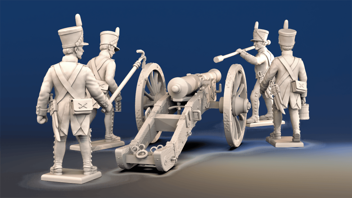 Napoleonic French Foot Artillery shako and gaiters loading crew rear view