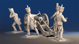 Napoleonic French Foot Artillery covered shako and trousers firing crew rear view