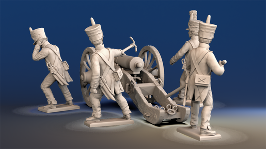 Napoleonic French Foot Artillery covered shako and trousers firing crew rear view