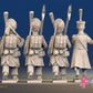 French light infantry command marching attack in shako and greatcoat, back view