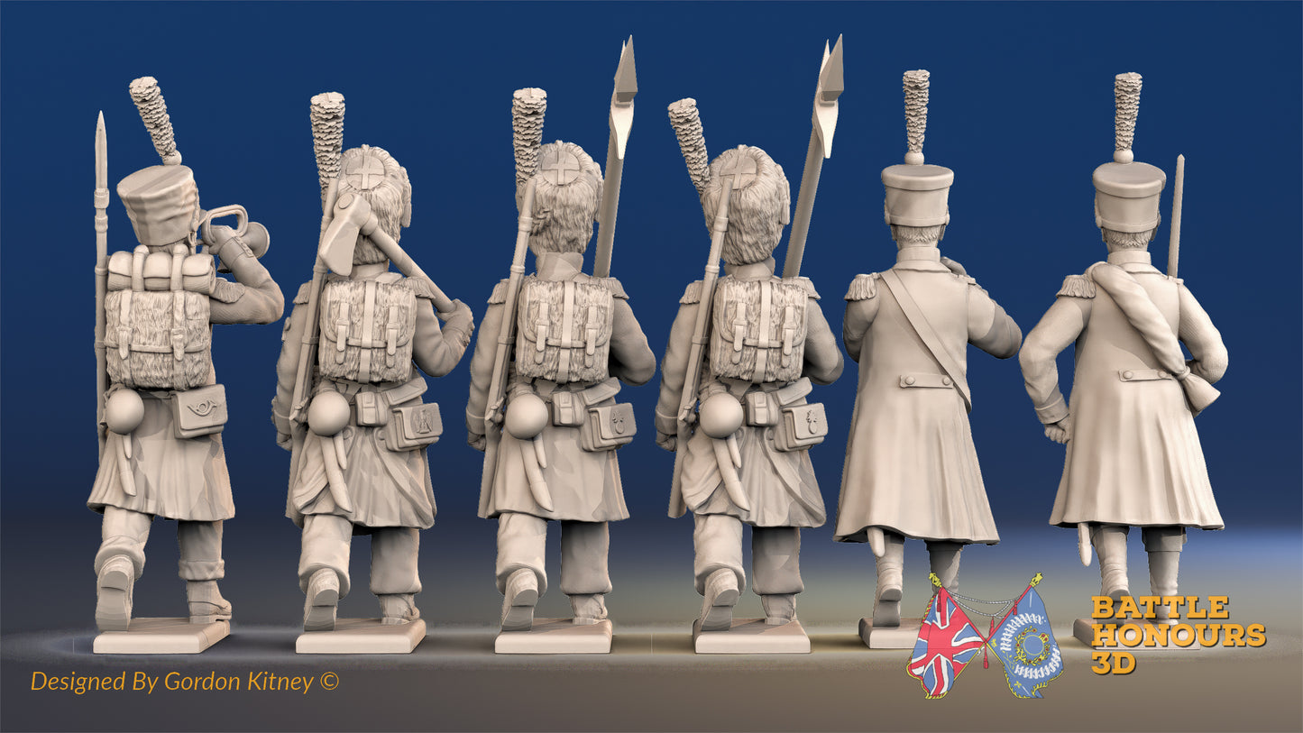 French light infantry command marching attack in shako and greatcoat, back view