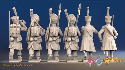 French light infantry command marching attack in shako and greatcoat, back view