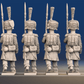 Napoleonic French elite Voltigeurs march attack in colpack and greatcoat rear view