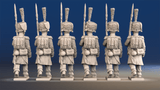 Napoleonic French elite Voltigeurs march attack in colpack and greatcoat rear view