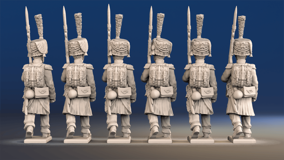 Napoleonic French elite Voltigeurs march attack in colpack and greatcoat rear view