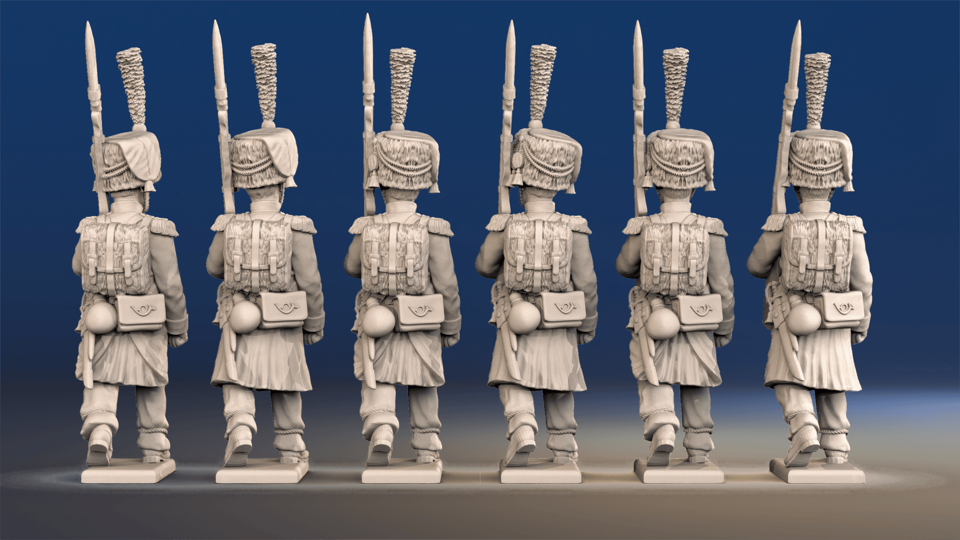 Napoleonic French elite Voltigeurs march attack in colpack and greatcoat rear view