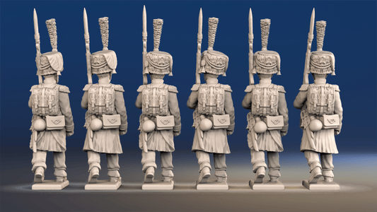 Napoleonic French elite Voltigeurs march attack in colpack and greatcoat rear view