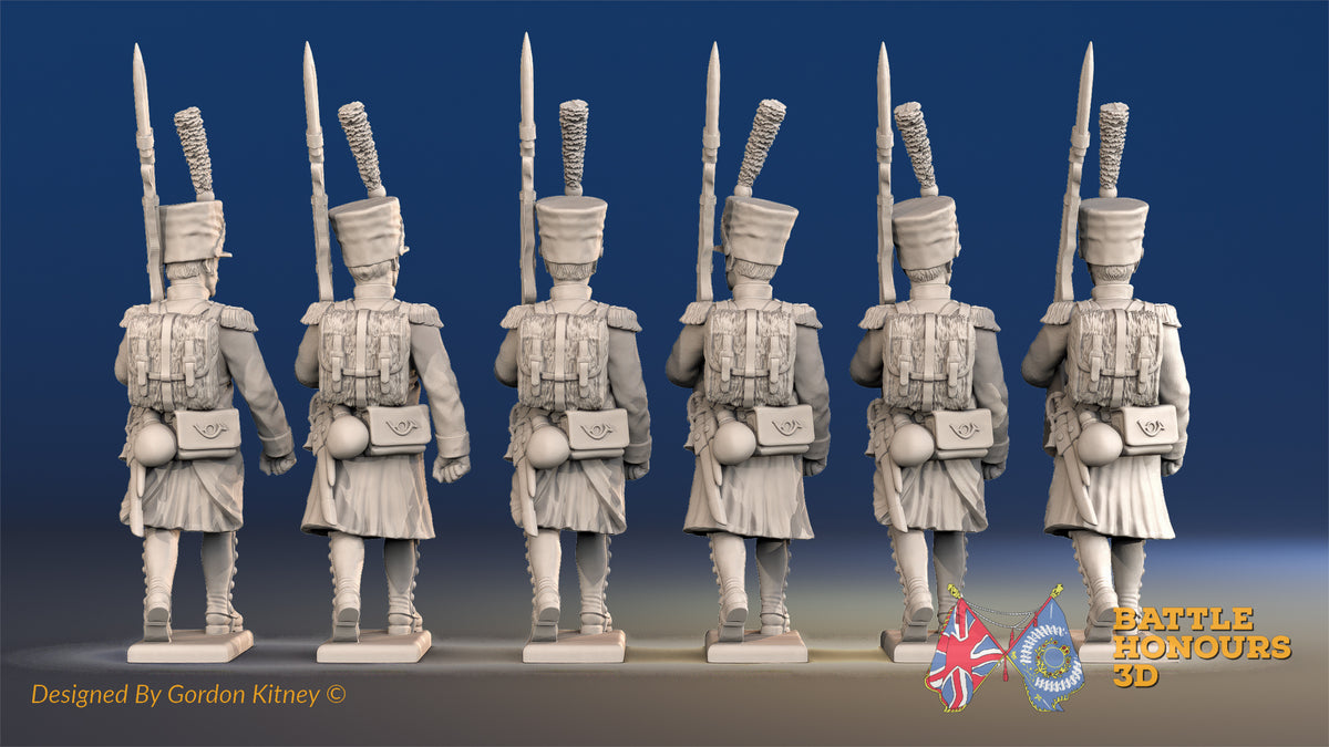 French march attack light Voltigeurs greatcoat shako gaiter rear view