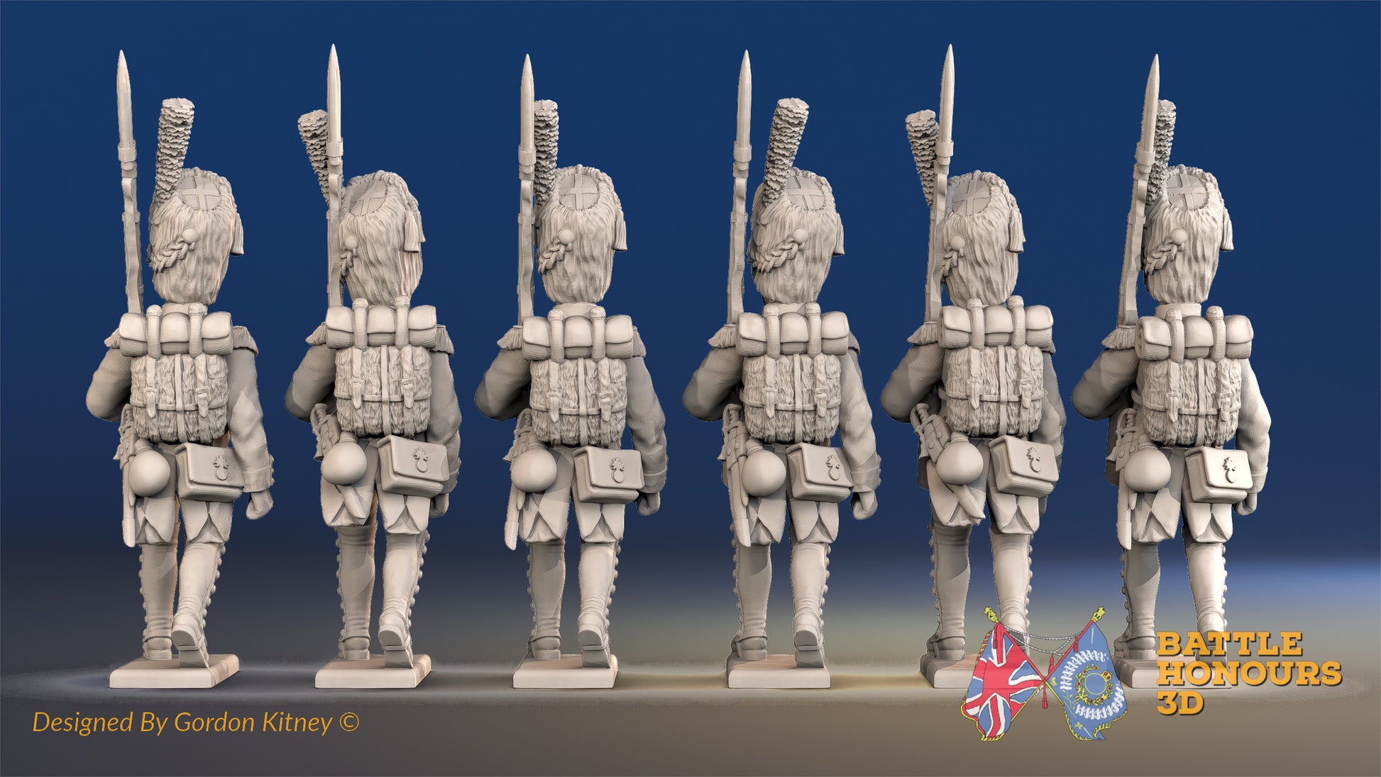 French march attack line Grenadier bearskin gaiter rear view
