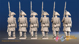 French march attack line Grenadier bicorn greatcoat rear view