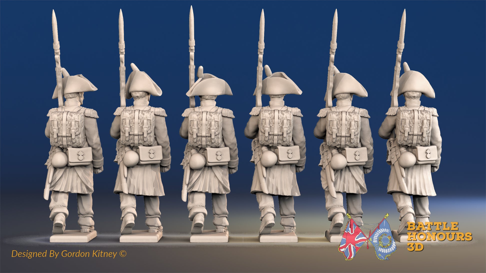 French march attack line Grenadier bicorn greatcoat rear view