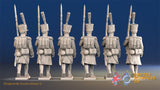 French march attack line Grenadier greatcoat shako gaiter rear view