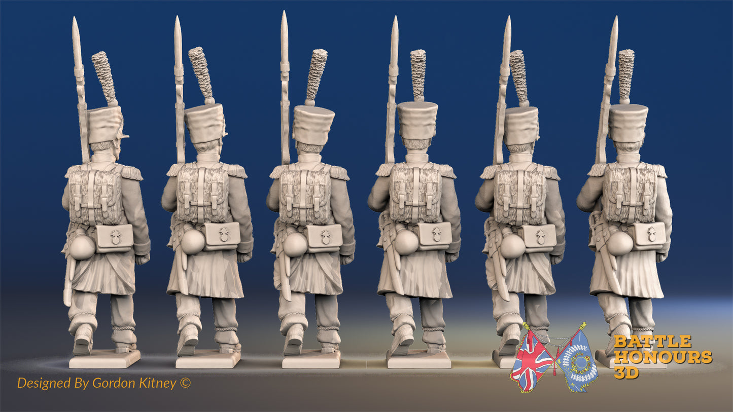 French march attack line Grenadier shako greatcoat rear view