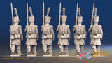 French march attack line Grenadier shako greatcoat rear view