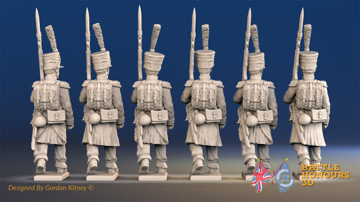 French march attack line Grenadier shako greatcoat rear view