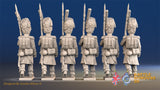 French march attack line Grenadiers bearskin greatcoat rear view