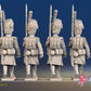 French march attack line Grenadiers bearskin greatcoat gaiter rear view