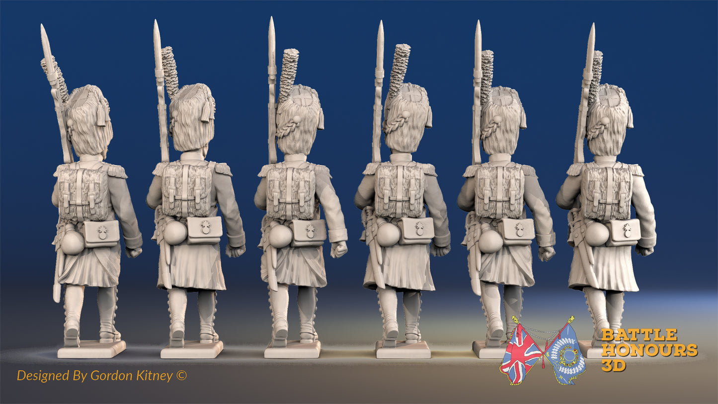 French march attack line Grenadiers bearskin greatcoat gaiter rear view