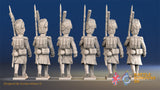 French march attack line Grenadiers bearskin greatcoat gaiter rear view
