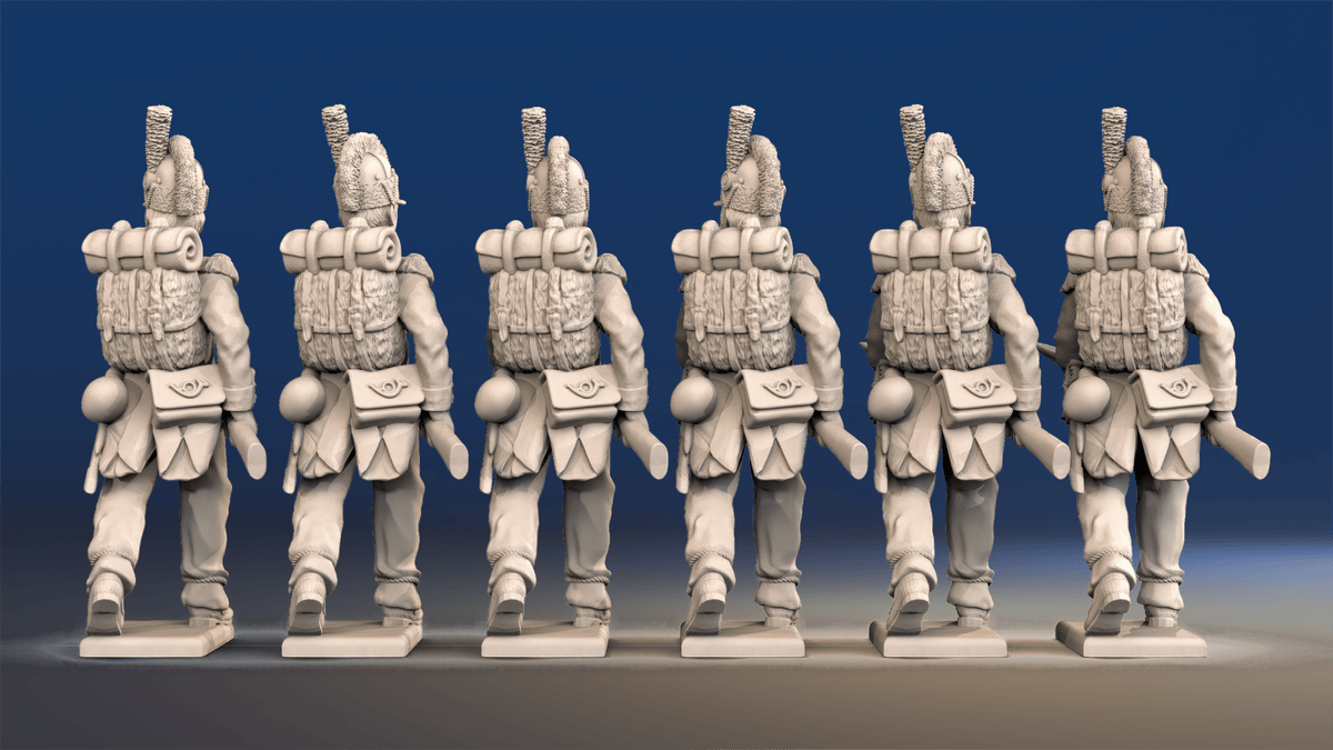 Napoleonic French Voltigeurs advancing in Tarleton and trousers rear view