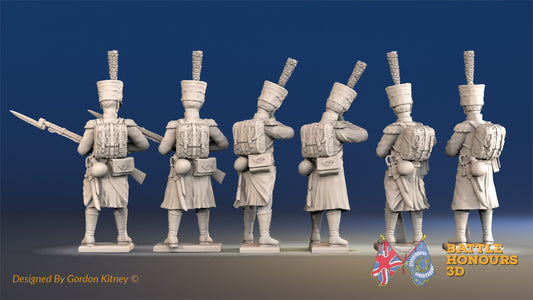 French Voltigeurs loading and firing shako greatcoat rear view