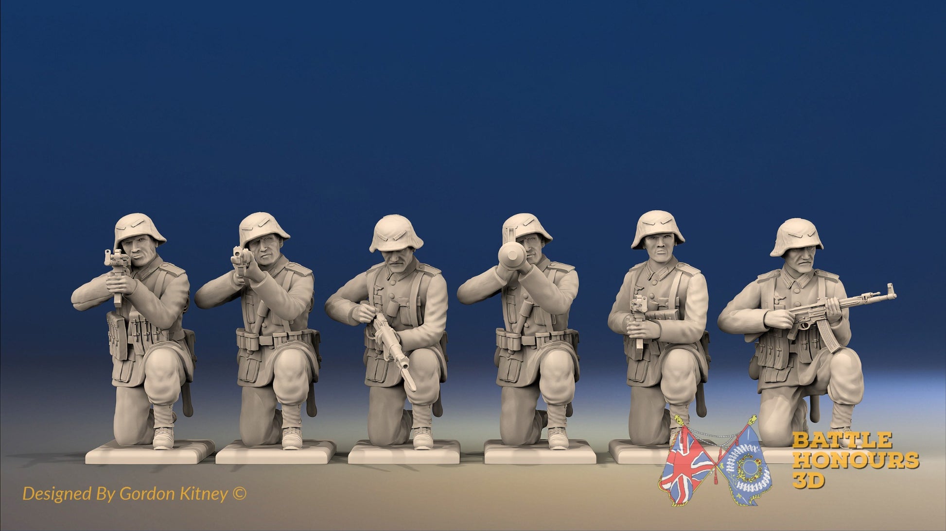 WW2 German Infantry Gaiters Helmet Kneeling miniature figures front view