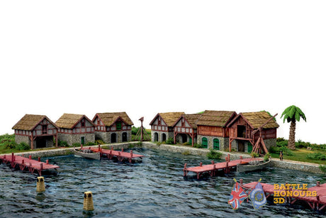 Colonial Caribbean harbour storehouses terrain model graphic