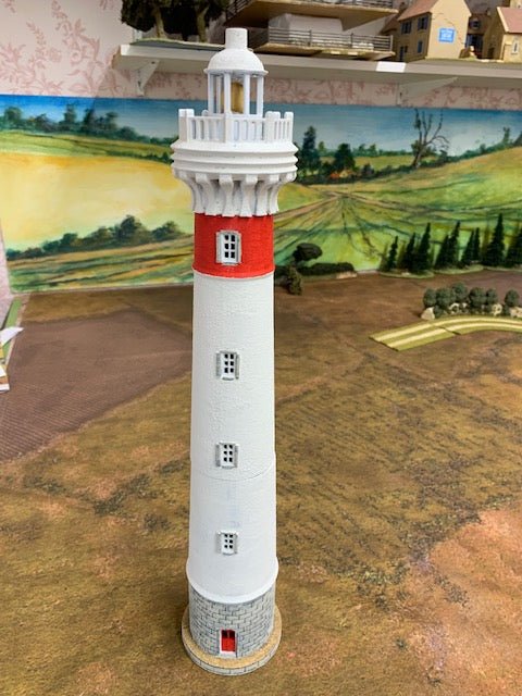 Painted Ouistreham Lighthouse model by Howard Greenwood