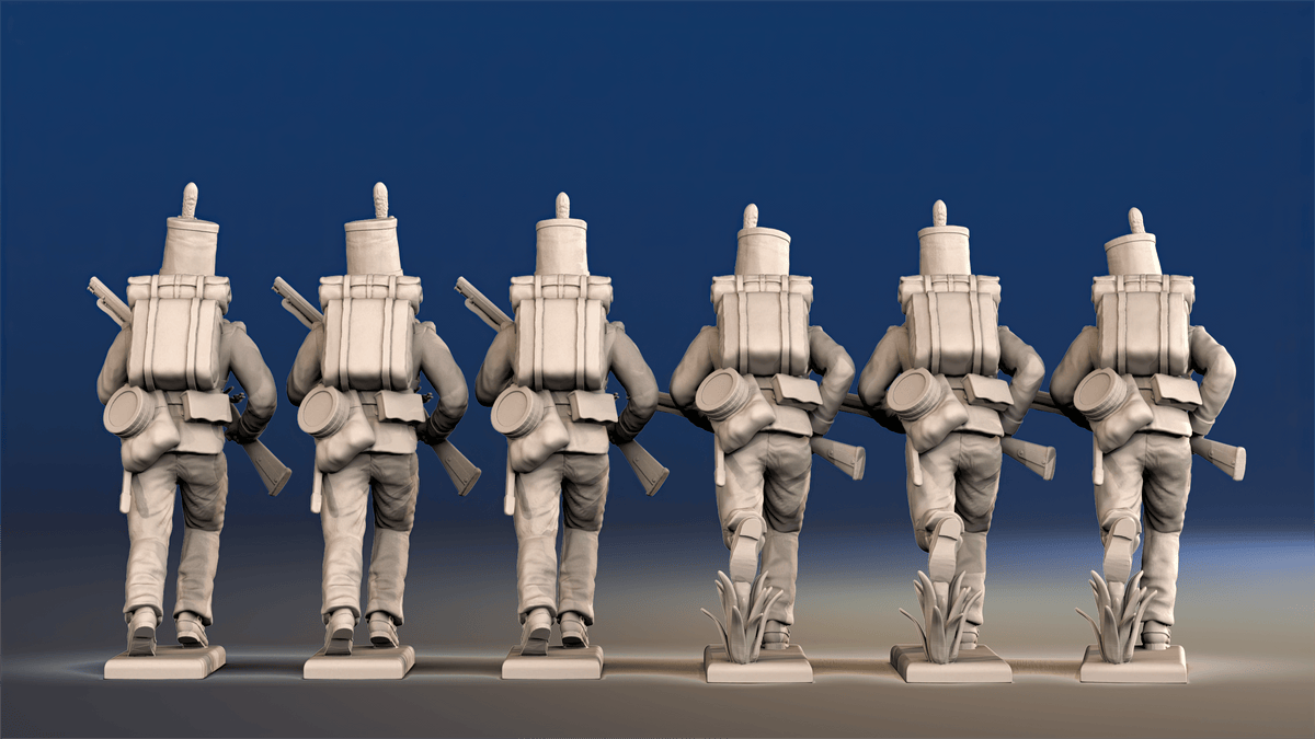 Portuguese 1st Caçadores advancing skirmishers with backpacks rear view