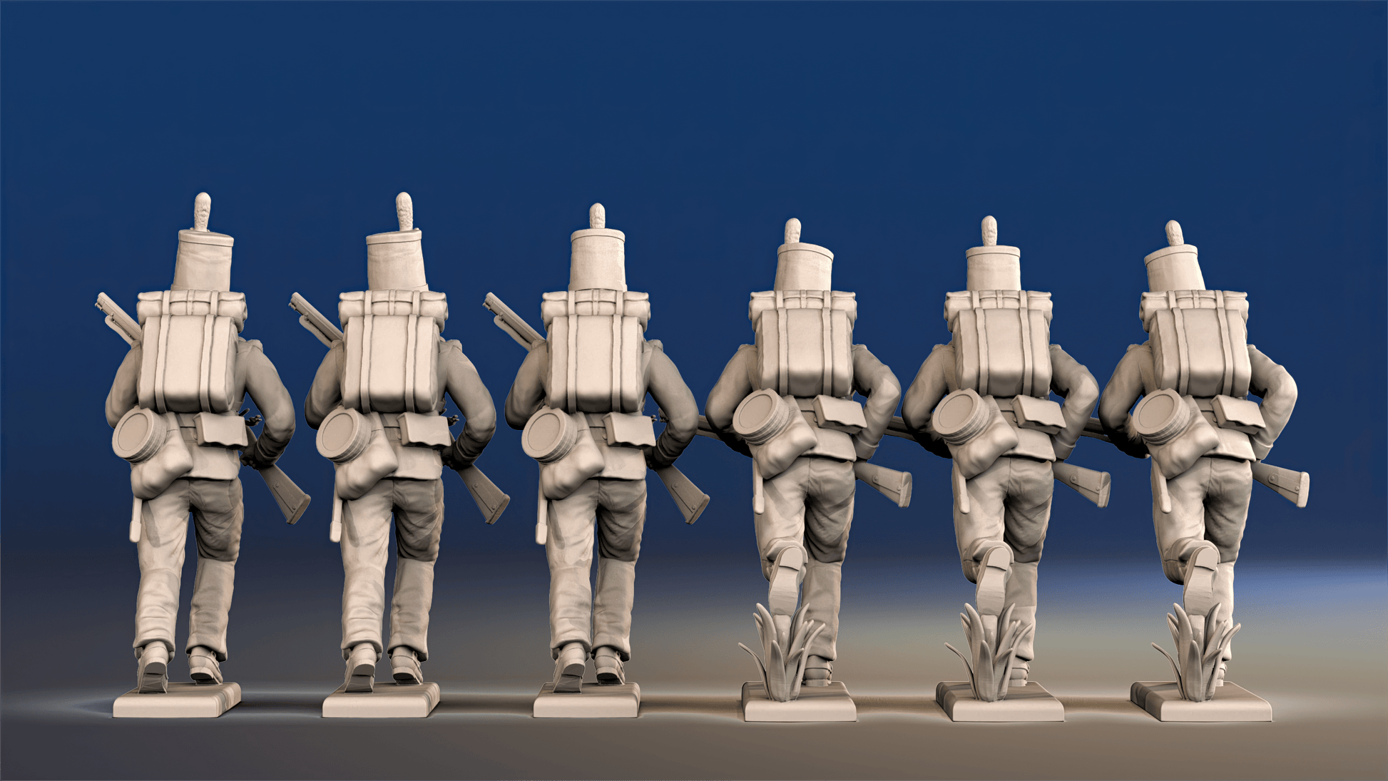 Portuguese 3rd Caçadores advancing skirmishers with backpacks rear view