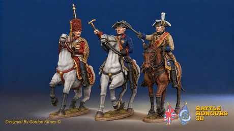 Seven Years’ War Prussian Frederick II and Mounted Command, colour example. Figures are supplied unpainted.