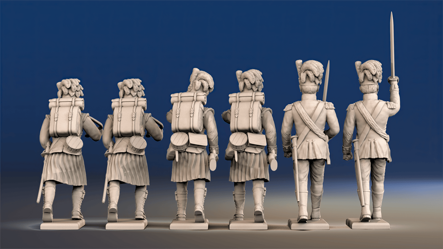 Napoleonic Scottish Highland Flank Company Command treble time in kilts rear view