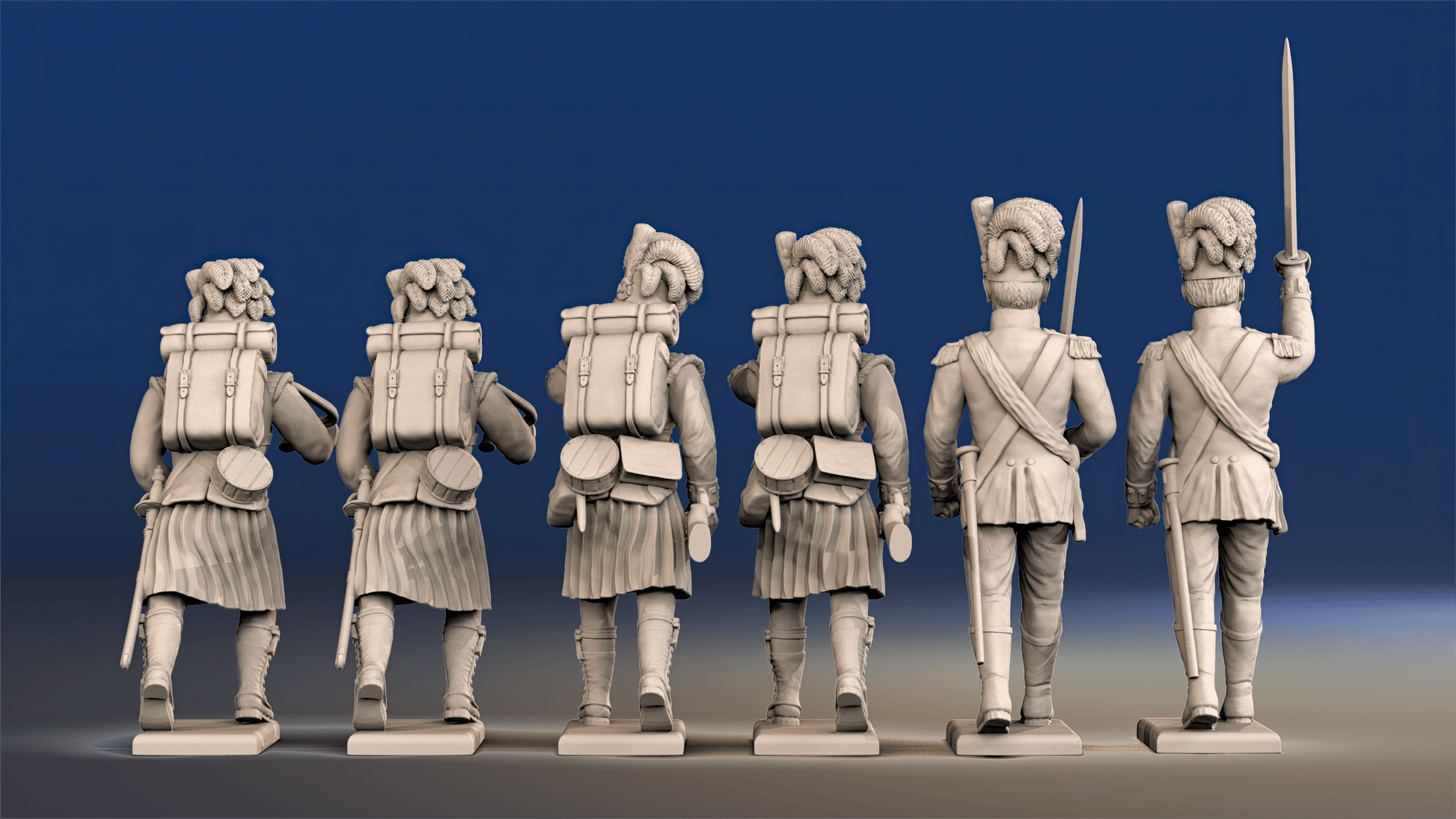 Napoleonic Scottish Highland Flank Company Command treble time in kilts rear view