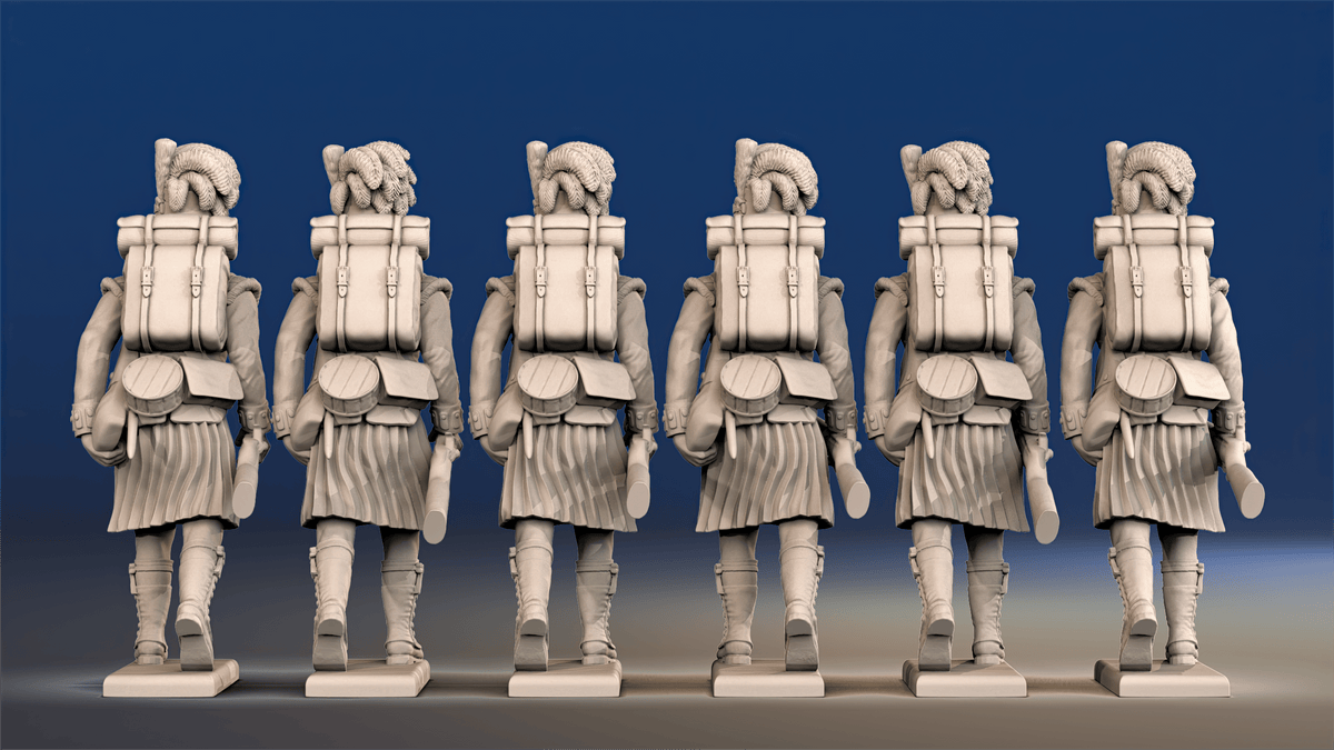 Napoleonic Scottish Highland Flank Company treble time in kilts rear view