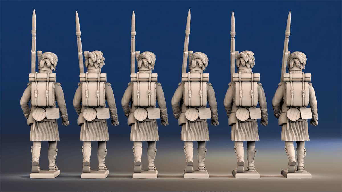 Napoleonic Scottish Highland Centre Company march attack in kilts rear view