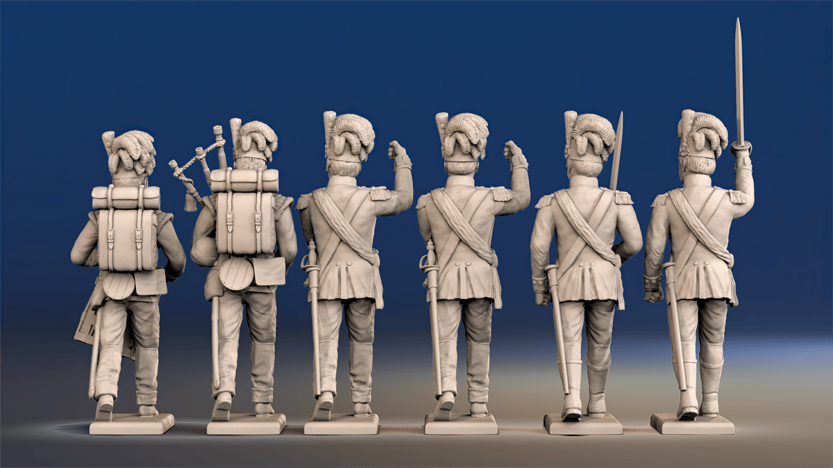 Napoleonic Scottish Highland Battalion Command march attack in trousers rear view