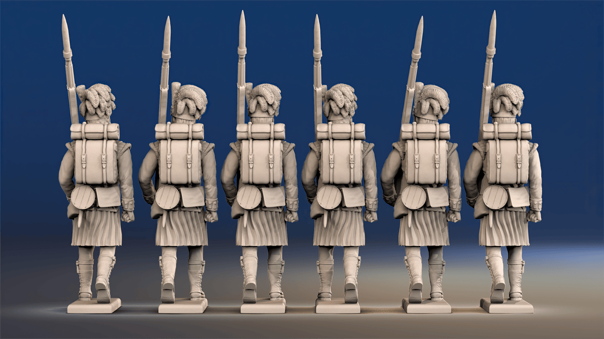 Napoleonic Scottish Highland Flank Company march attack in kilts rear view