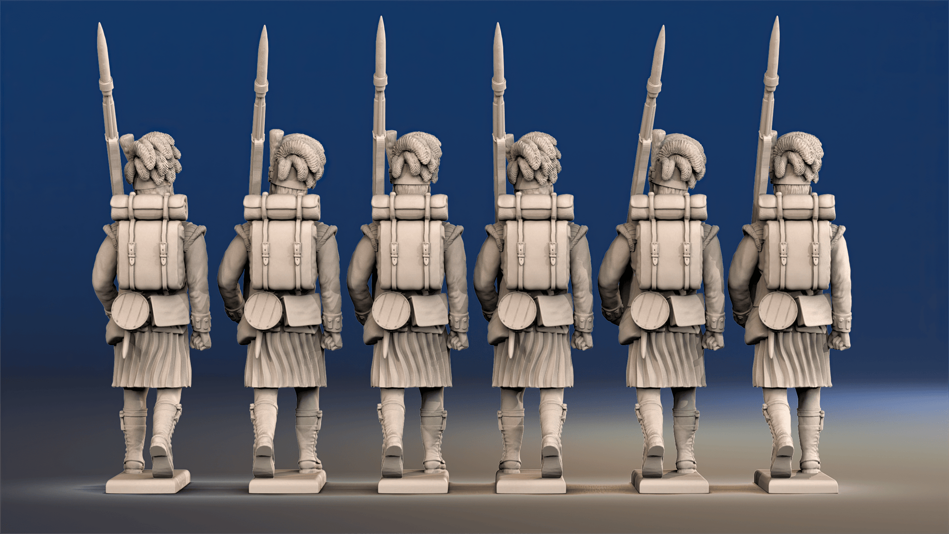 Napoleonic Scottish Highland Flank Company march attack in kilts rear view