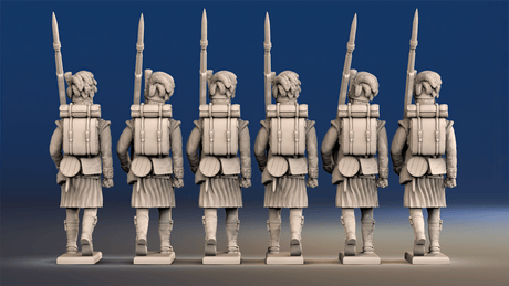 Napoleonic Scottish Highland Flank Company march attack in kilts rear view