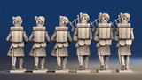 Napoleonic Scottish Highlanders pipes and drums in kilts rear view