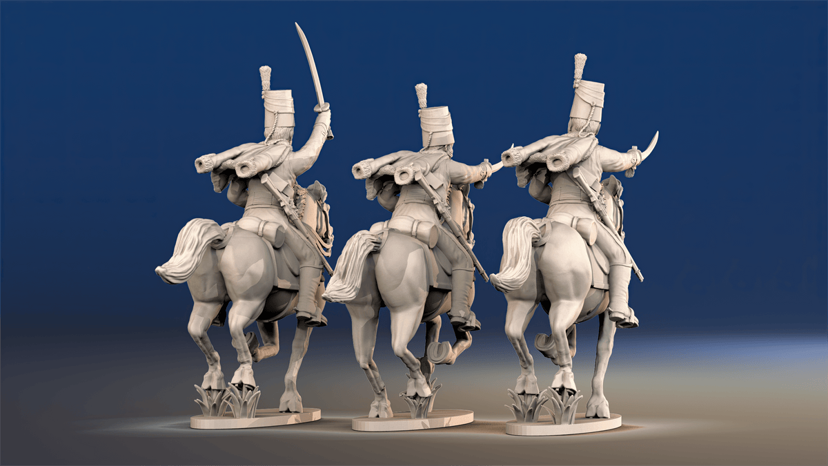 Spanish hussars galloping rear view